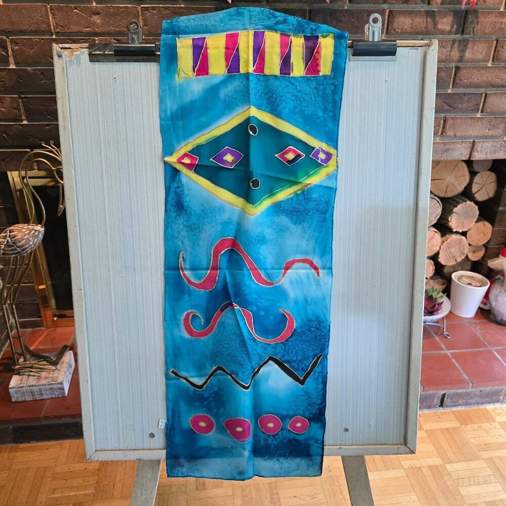 Vintage Silk Scarf, Aqua Blue with Bold Colours and Abstract Design